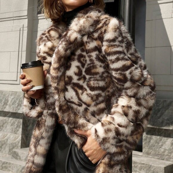 Khaki Casual Women's Leopard Print Faux Fur Coat - Picture 4 of 7